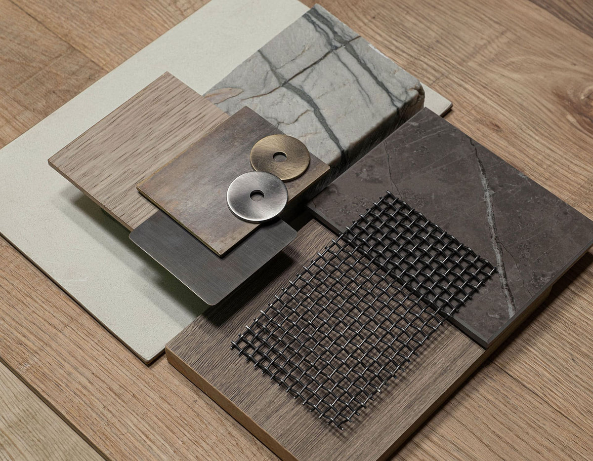 A study of stone, wood, metal, and woven textile samples by AMB Design