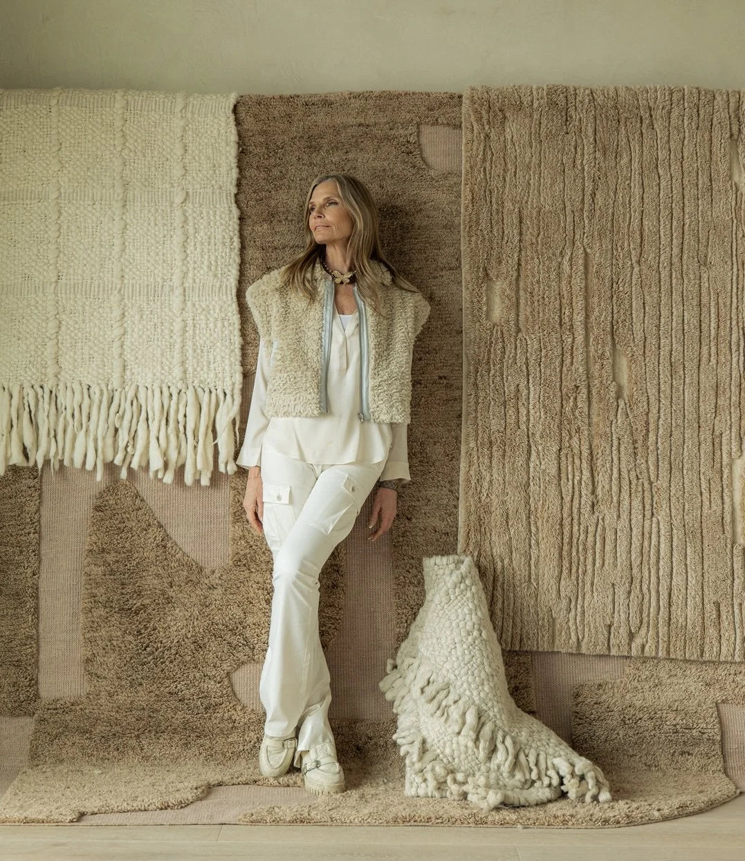 Anne-Marie Barton with hanging rug studies